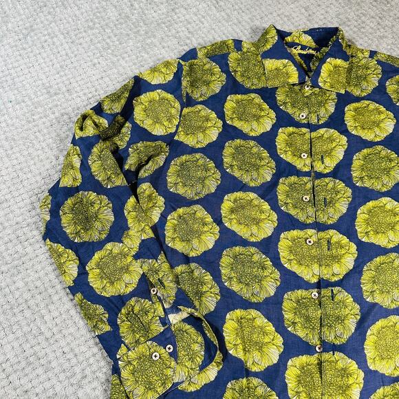 STENSTROMS Men's Lime Green Navy Floral Linen Long Sleeve Button Down Shirt XL - Picture 4 of 10